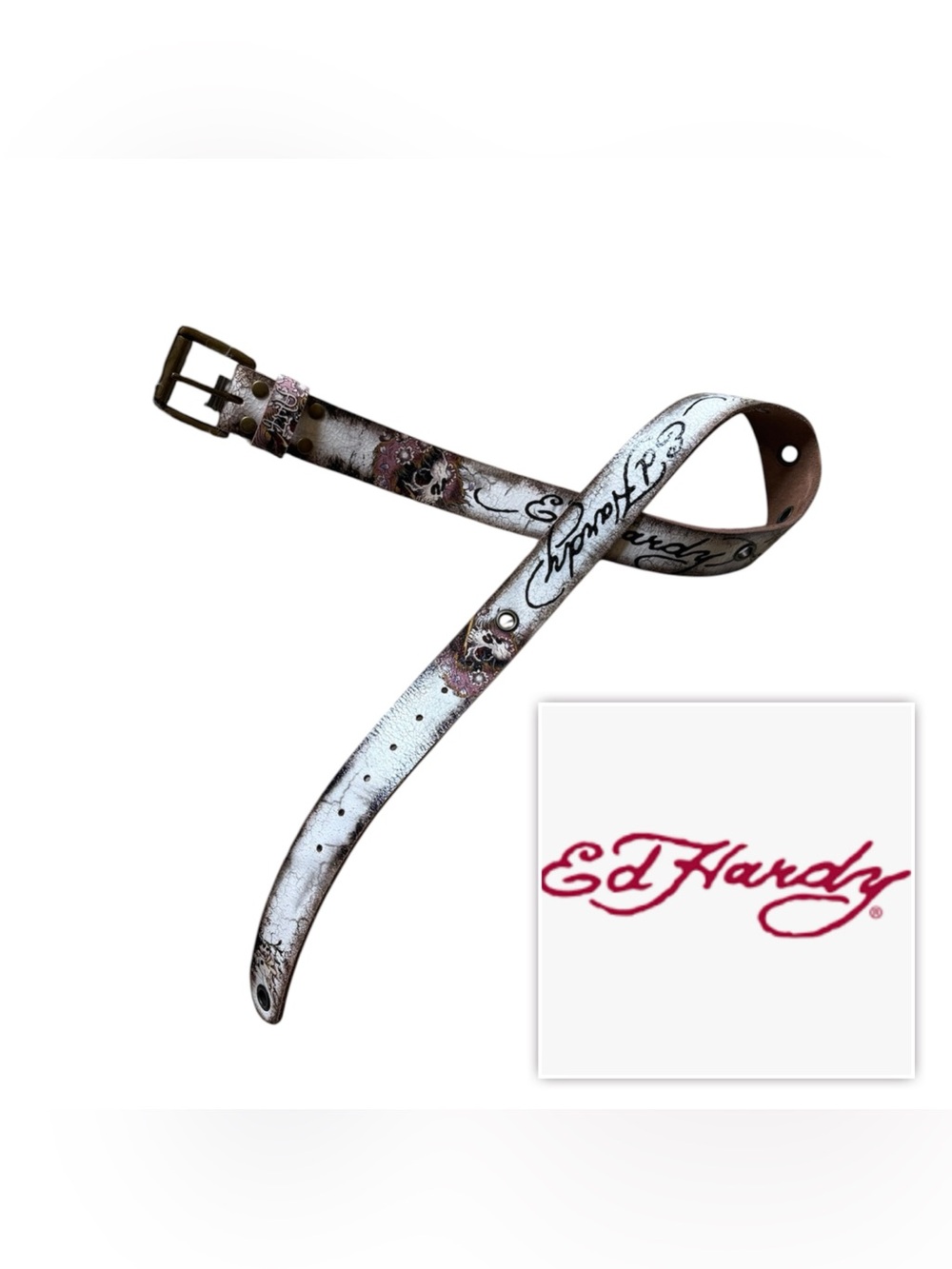 NWT VINTAGE ED HARDY Women Large genuine Leather Belt flower skull